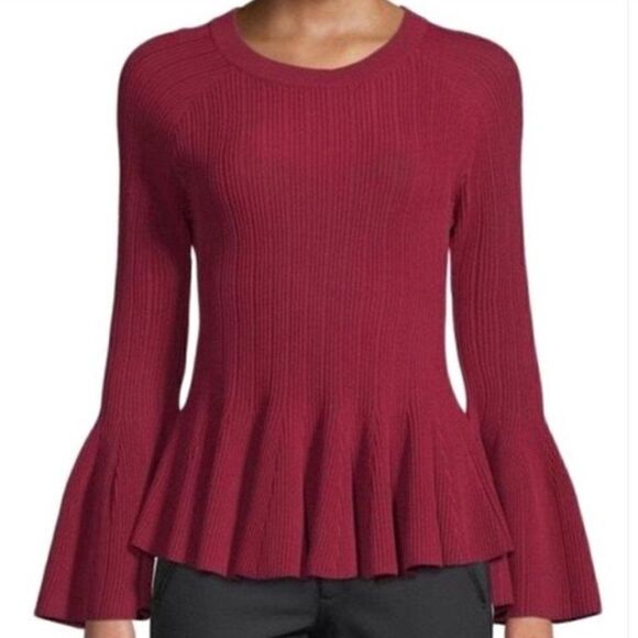 Jonathan Simkhai Peplum Bell Sleeve Ribbed Knit Sweater S Crimson Red Christmas - Picture 1 of 9